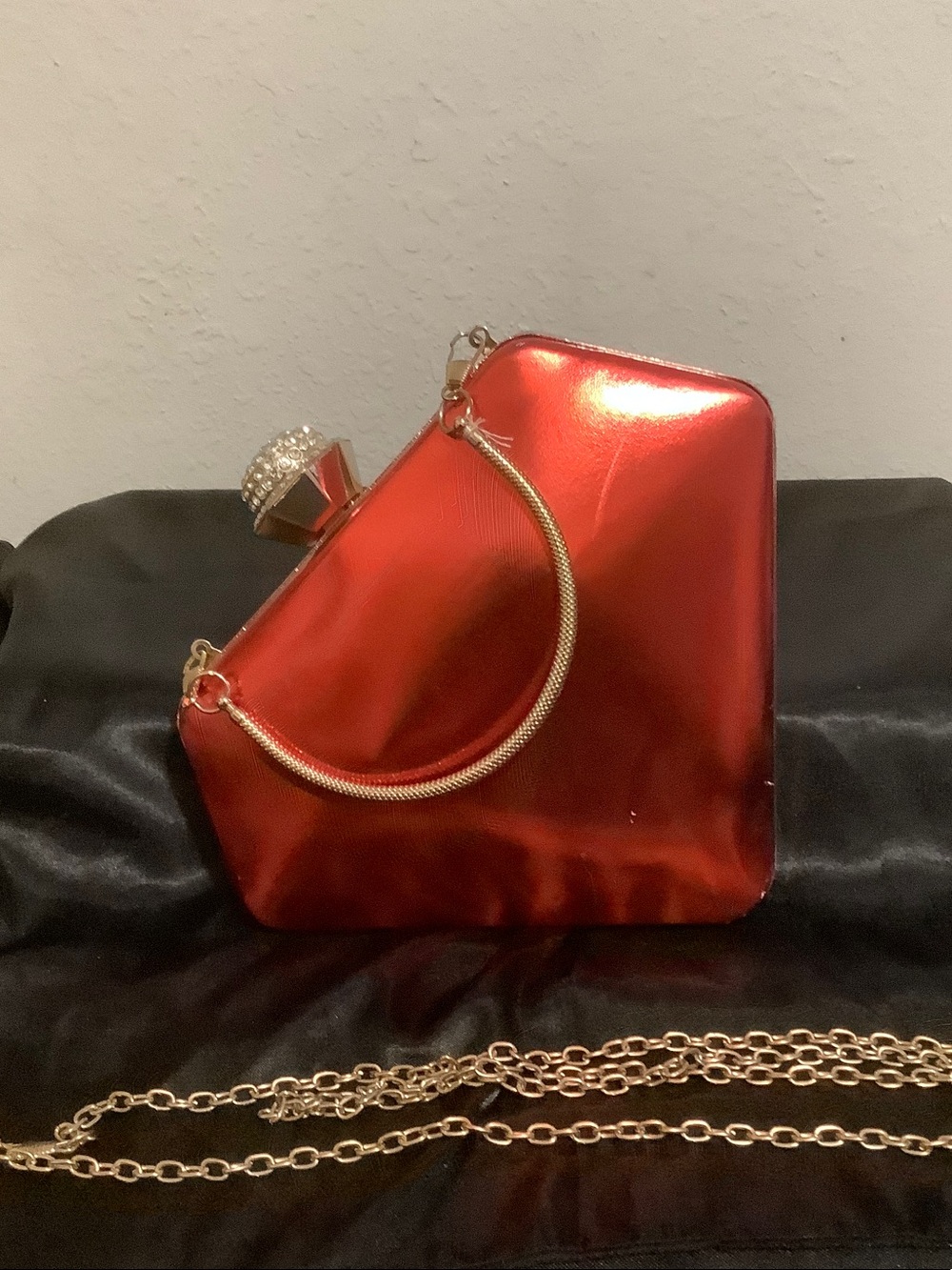 Red Metallic Evening Clutch Handbag with Gold Chain
